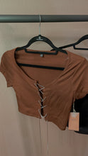 Load image into Gallery viewer, FELICIA rhinestone lace up top brown