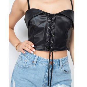 Faux leather crop lace up top