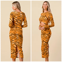 Load image into Gallery viewer, Tiger print front cut out midi dress