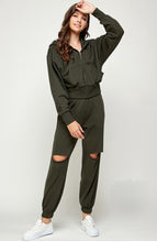 Load image into Gallery viewer, SOFIA Zip up hoodie and jogger pant set in dark olive