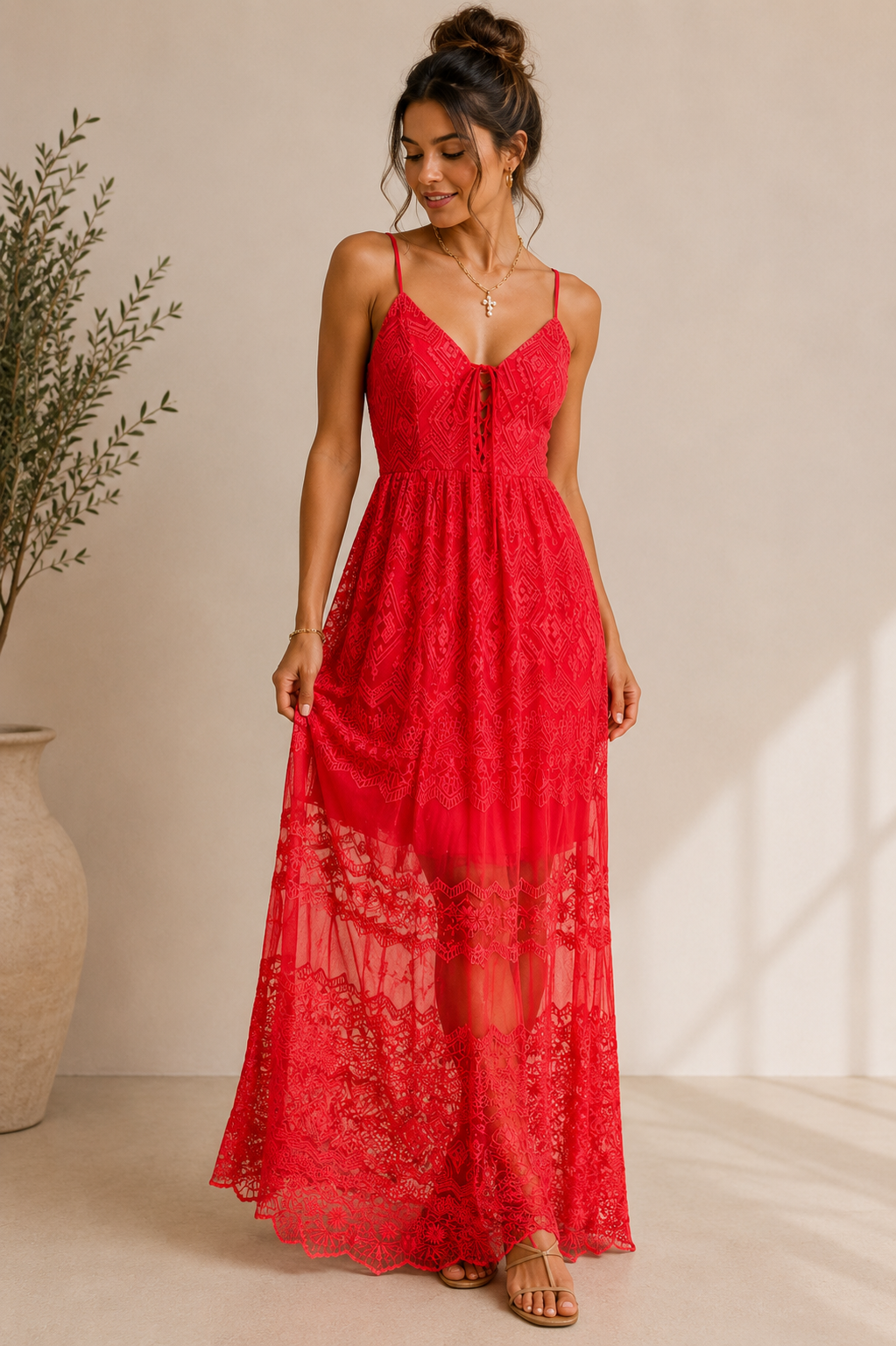 ILLA ILLA Red Lace Maxi Dress with Spaghetti Straps (BOUTIQUE ITEM) – ShopGoGirl
