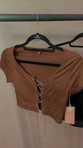 FELICIA rhinestone lace up top brown