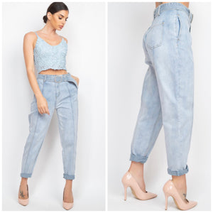 High rise mom o ring belted jeans in light wash