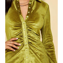 Load image into Gallery viewer, CAMILA Citrine green velvet ruched button down dress