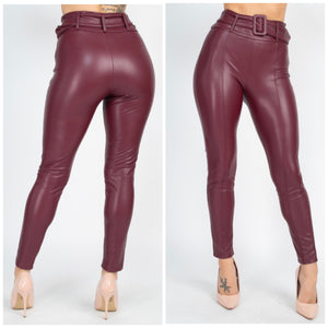 High waisted faux leather belted pants
