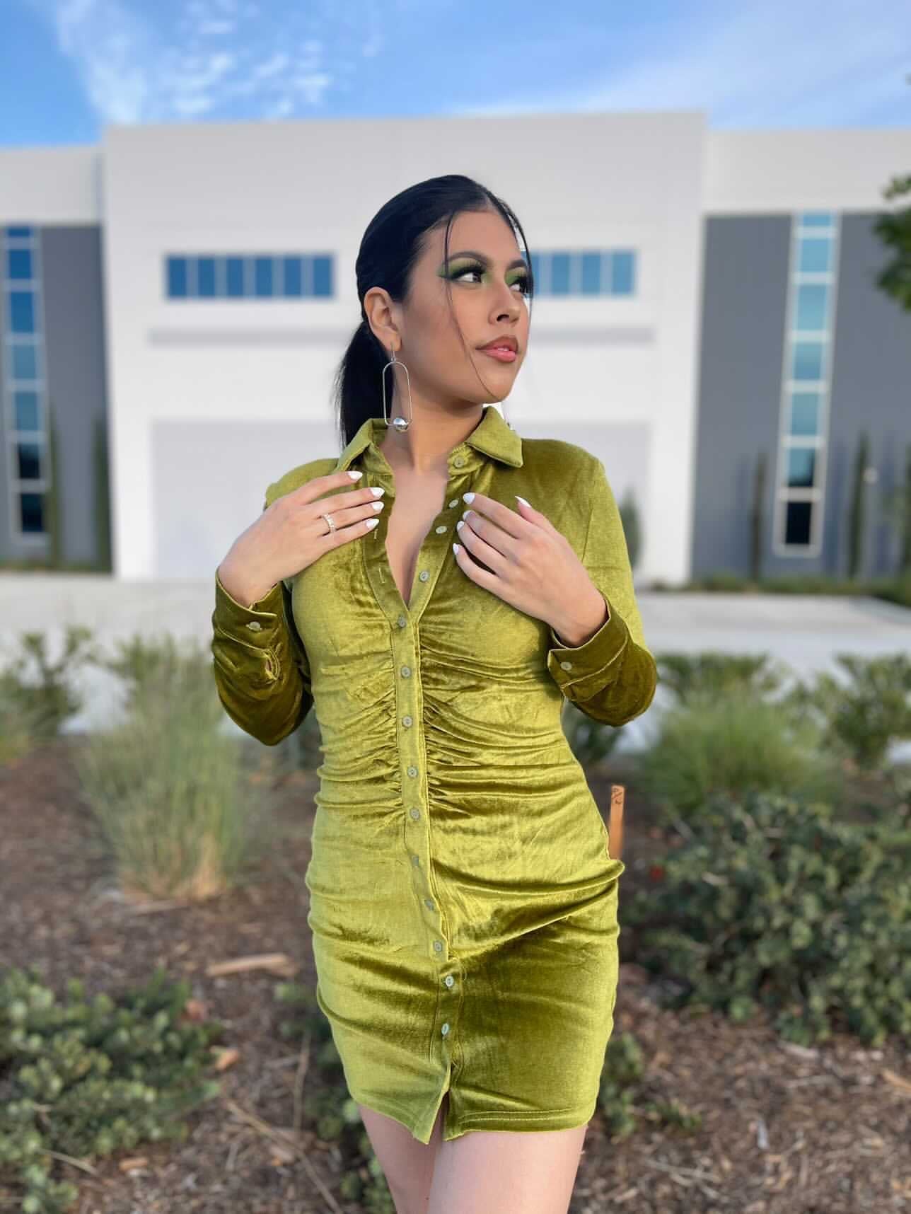 CAMILA Citrine green velvet ruched button down dress ShopGoGirl CAMILA Citrine green velvet ruched button down dress ShopGoGirl