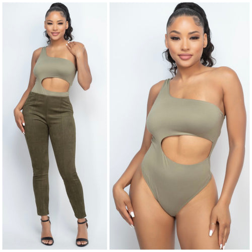 OLIVIA cutout one shoulder bodysuit in olive