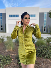 Load image into Gallery viewer, CAMILA Citrine green velvet ruched button down dress