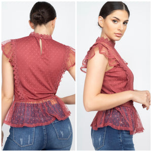 Lace and mesh blouse in Marsala