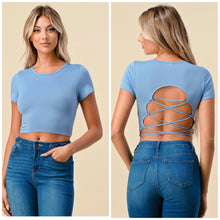 Load image into Gallery viewer, Criss cross crop top in forever blue