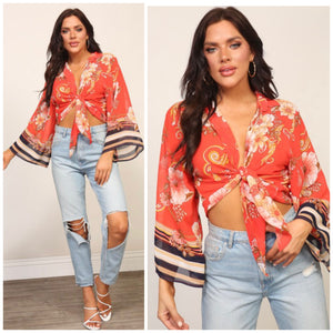 Floral and chain print front tie top