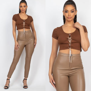 FELICIA rhinestone lace up top brown
