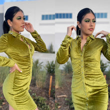 Load image into Gallery viewer, CAMILA Citrine green velvet ruched button down dress