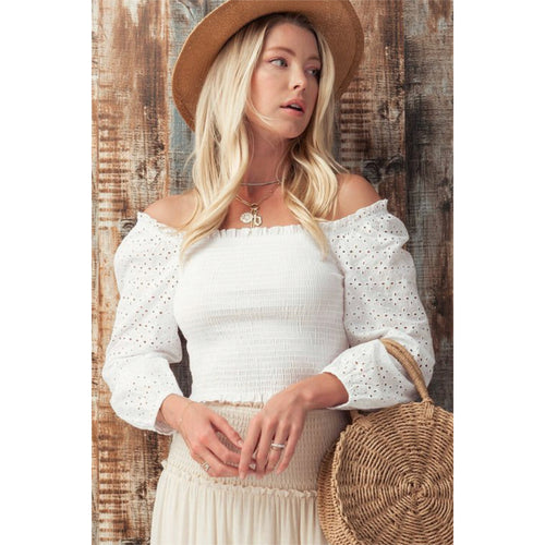 Off the shoulder eyelet detail smock top