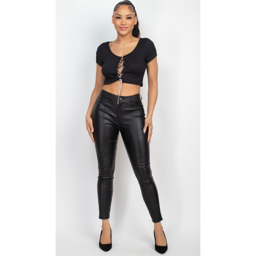 FELICIA rhinestone lace up top in black