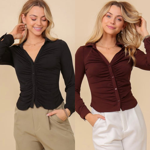 AMELIA ruched button down top