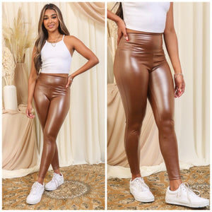CLAUDIA light brown satin faux leather leggings