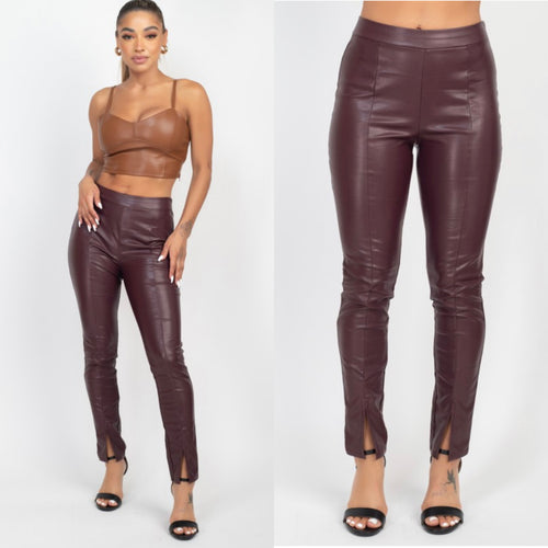 BELINDA high rise split hem faux leather leggings
