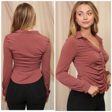Load image into Gallery viewer, AMELIA ruched collared button down top in red brown