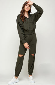SOFIA Zip up hoodie and jogger pant set in dark olive