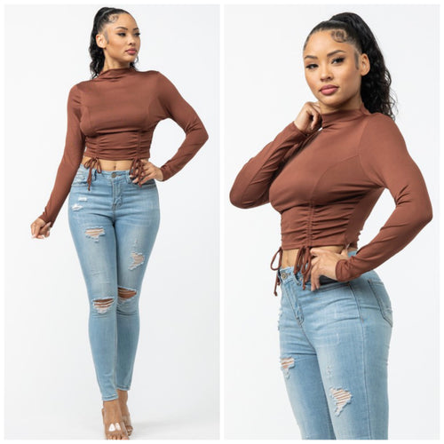 KIANA rib front ruched top in cocoa