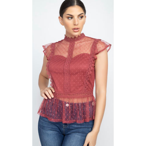 Lace and mesh blouse in Marsala