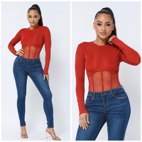 ANNABELLE Ribbed mesh contrast bodysuit