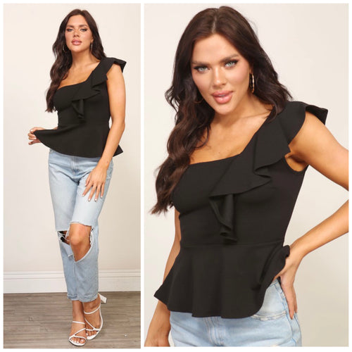 One shoulder ruffle detail top in black