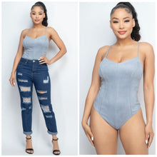 Load image into Gallery viewer, BRIANNA faux suede cami strap bodysuit in cloud blue