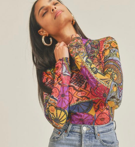 GALILEA mosaic print mesh bodysuit