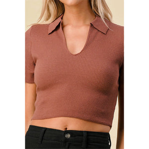 ALINA rib sweater polo crop top