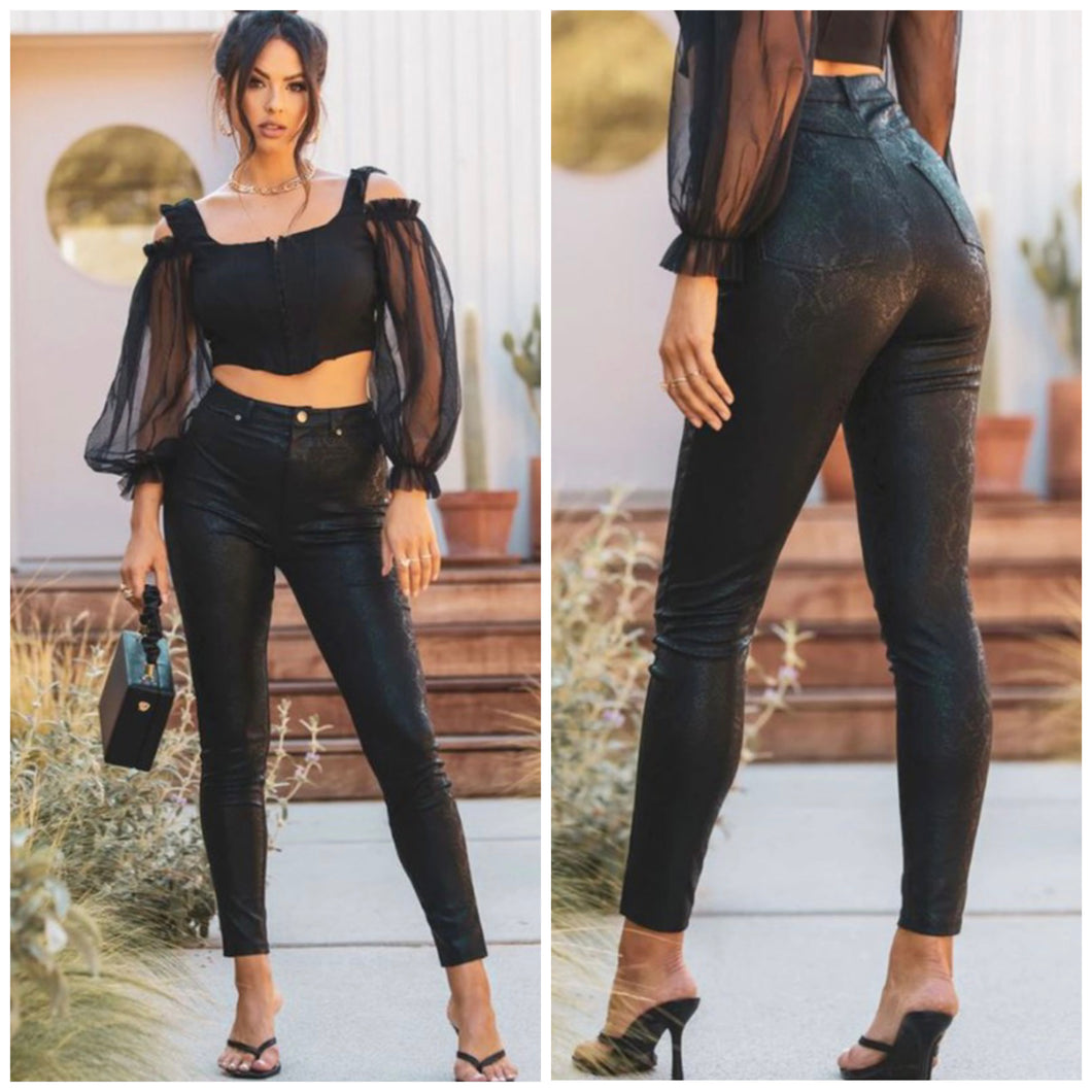 Vegan leather snake print high rise skinny pants