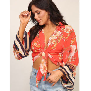 Floral and chain print front tie top