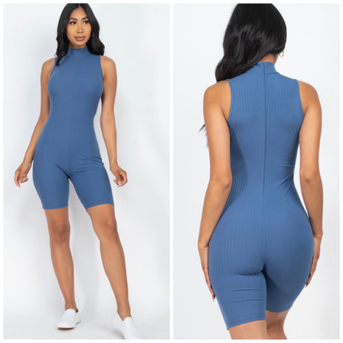 Mock neckline sleeveless romper in cloud blue