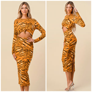 Tiger print front cut out midi dress
