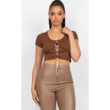 Load image into Gallery viewer, FELICIA rhinestone lace up top brown