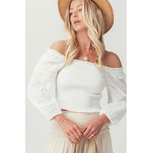 Load image into Gallery viewer, Off the shoulder eyelet detail smock top