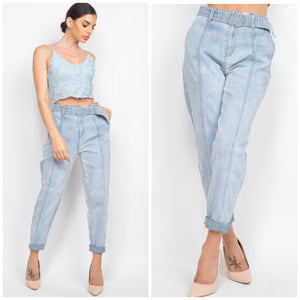 High rise mom o ring belted jeans in light wash
