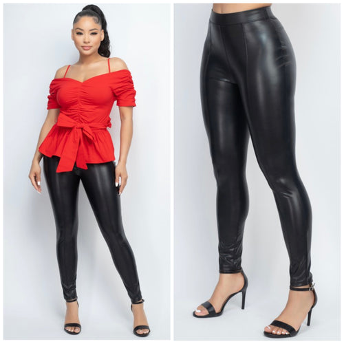 KATRINA waisted faux leather skinny pants in black