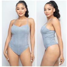 Load image into Gallery viewer, BRIANNA faux suede cami strap bodysuit in cloud blue