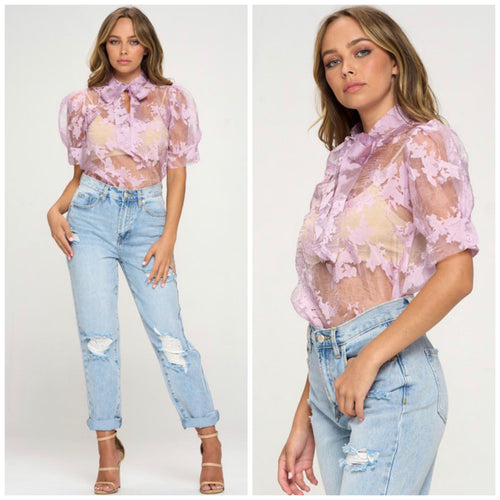 Organza puff sleeve top in lavender