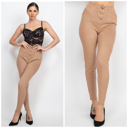 DONNA faux suede lace up detail skinny pants