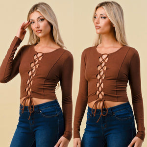 KARINA Lace up front top in choco