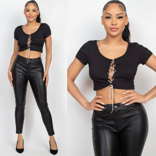 FELICIA rhinestone lace up top in black