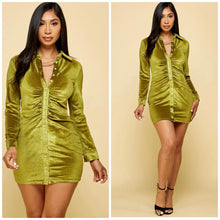 Load image into Gallery viewer, CAMILA Citrine green velvet ruched button down dress