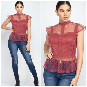 Lace and mesh blouse in Marsala