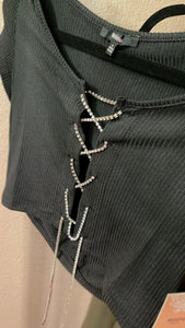 FELICIA rhinestone lace up top in black