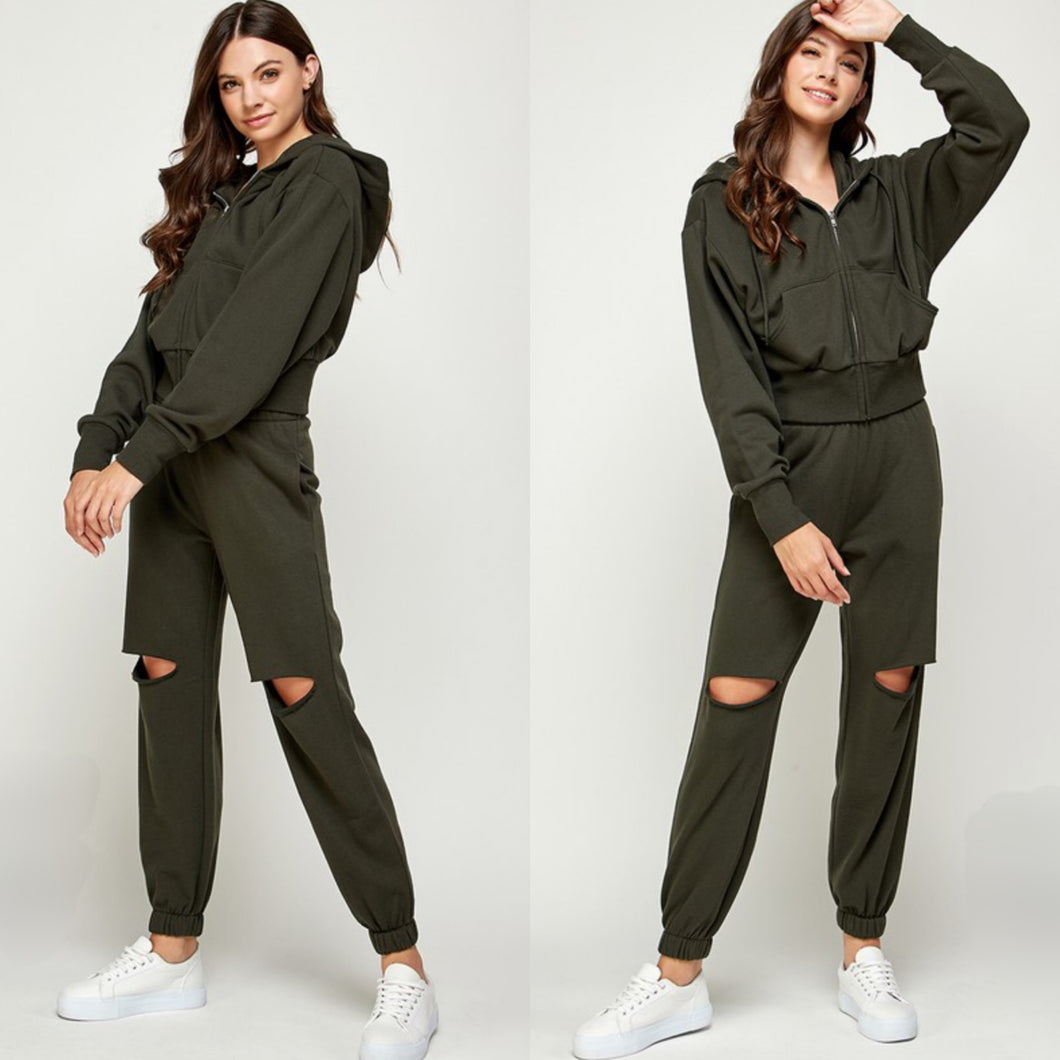 SOFIA Zip up hoodie and jogger pant set in dark olive