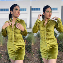 Load image into Gallery viewer, CAMILA Citrine green velvet ruched button down dress