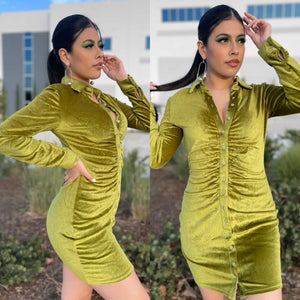 CAMILA Citrine green velvet ruched button down dress